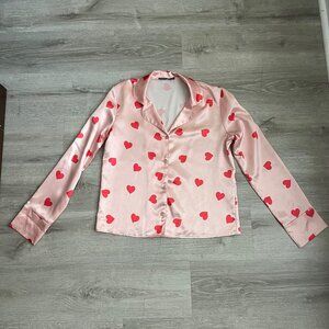 Nasty Gal_Satin Heart Print Pajama Top sz_Small Pink with Red Hearts